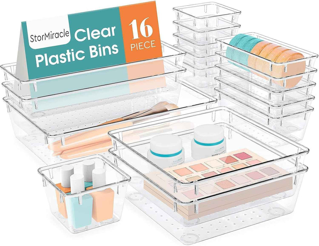 16 PCS Drawer Organizer Set, 5 Varied Size Bathroom and kitchen Drawer cabinet organizer Trays, Clear Storage Bins for Makeup, Jewelry, Utensils and Gadgets