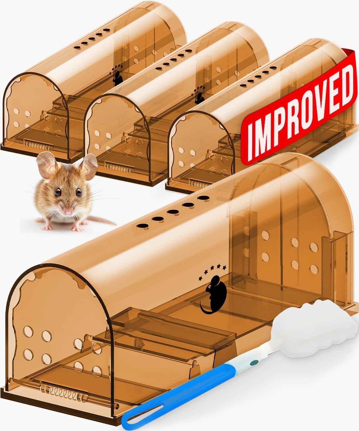 Motel Mouse Humane Mouse Traps No Kill Live Catch and Release 4 Pack - Reusable, Easy to Use & Clean, No Touch Release, Sensitive Includes Cleaning Brush, Instruction Manual & Video - Mousetrap Indoor