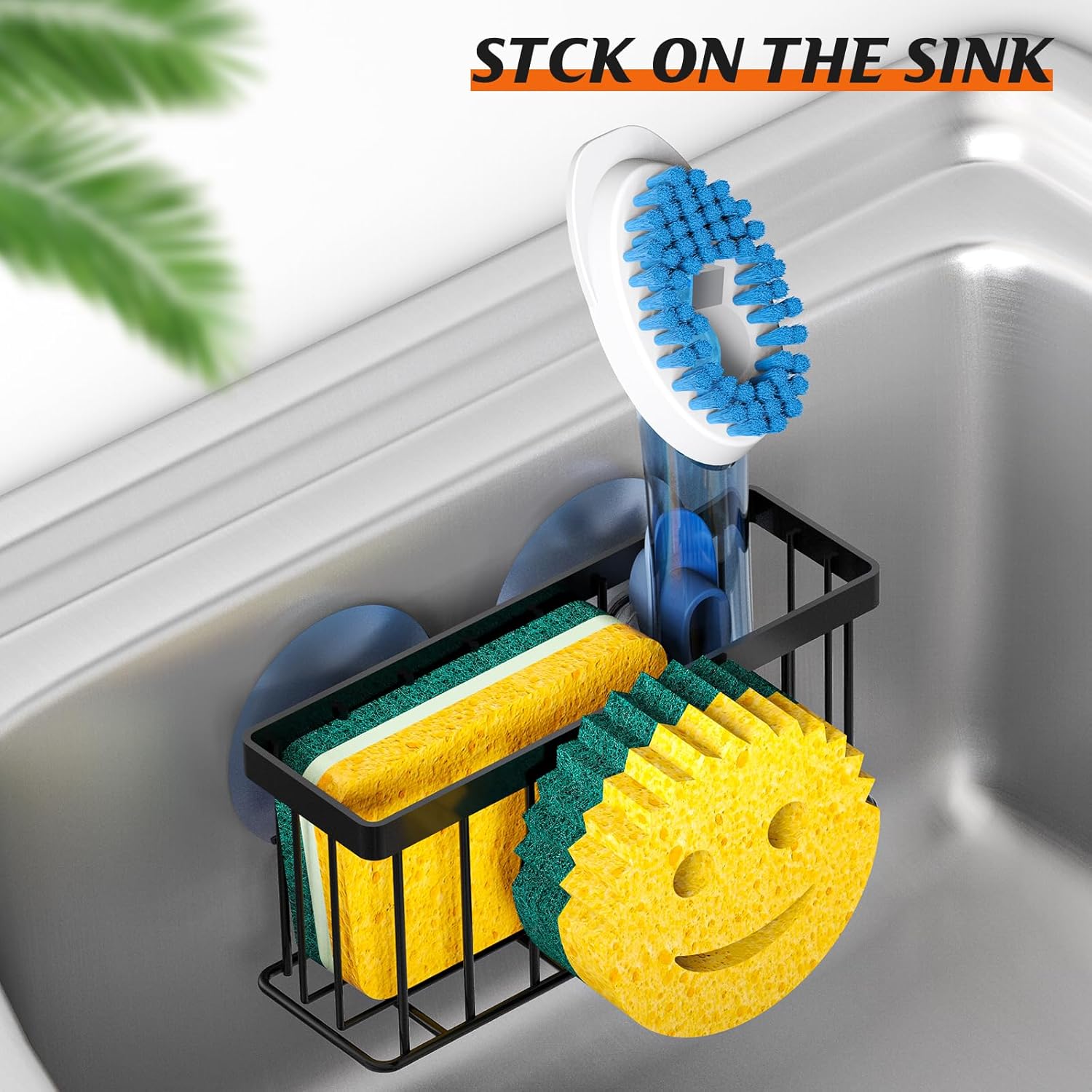 Sponge Holder Smiley Face, Sink Caddy for kitchen Sink, Kitchen Organizer Sponge Holder with 2 PCS Suction Cups/1 PCS Adhesive Strips, Designed for Sponge, Soap, Dish brush, Scrubber-Black