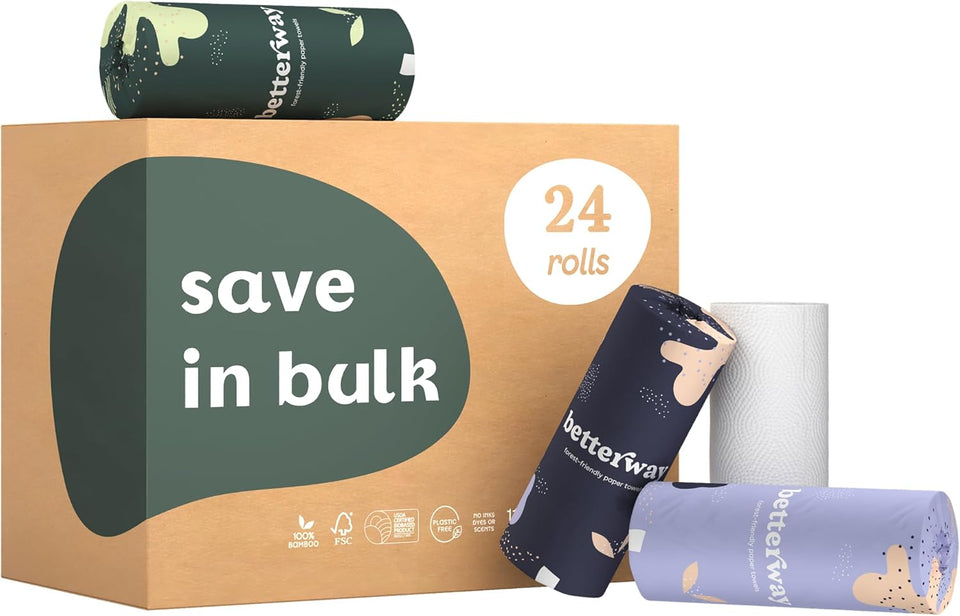 Betterway Bamboo Natural Brown Paper Towels - 8 Rolls, 2 Ply, 110 sheets - Plastic Free, PFAS Free, Disposable Kitchen Paper Towels - Select Size, Tree Free, Compostable, Strong & Absorbent - PureLivingMart