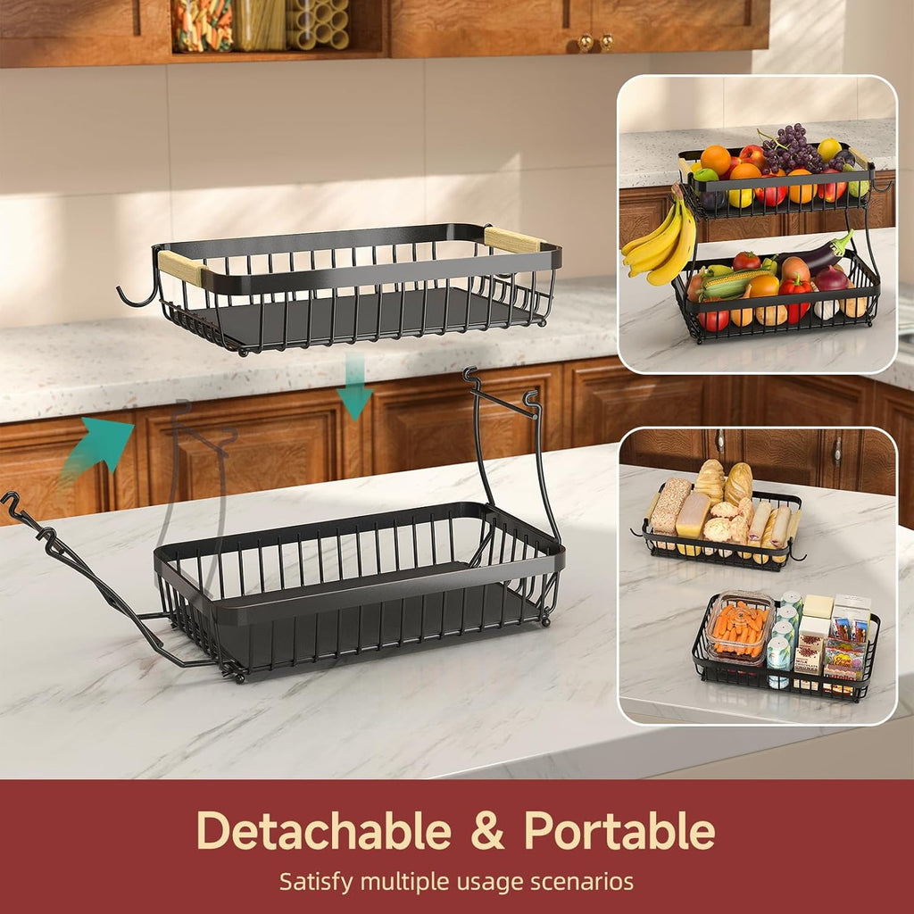 Sevenblue 2 Tier Large Fruit Basket for Kitchen Counter with 2 Mobile Banana Hangers, 2026 Pro Detachable Metal Fruit Bowl with Wooden Handle, Fruit Holder for Bread Snack Veggies with Protective Mats