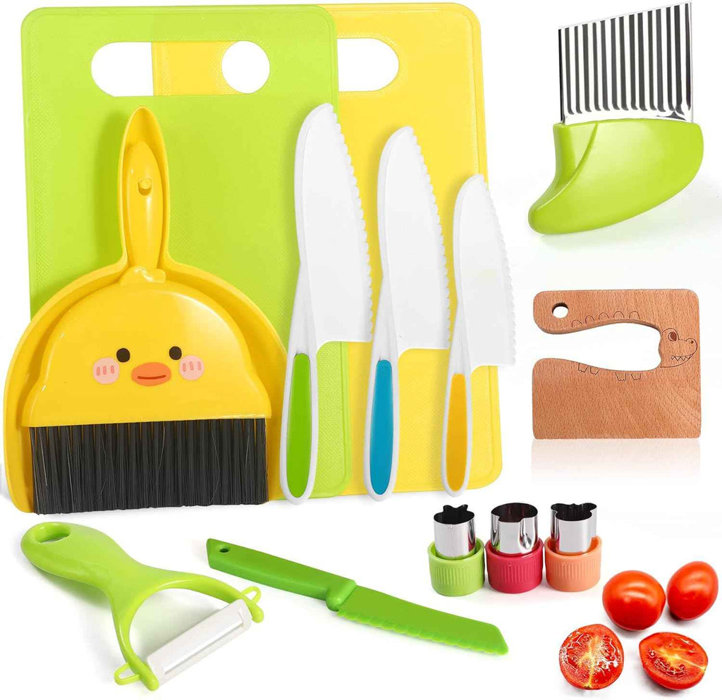 14PC Montessori-style safe kitchen knife set for kids, 3-12 years, includes cutting board and cleaning tools