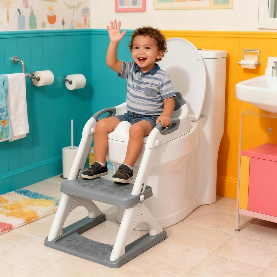 Potty Training Seat, SKYROKU Upgrade Toddler Toilet Seat for Kids, 2in1 Potty Training Toilet, Guard Anti-Slip Pad Step Stool,New Sector-Shape Stabilized Base and Heavier More Reliable (8899 Grey)