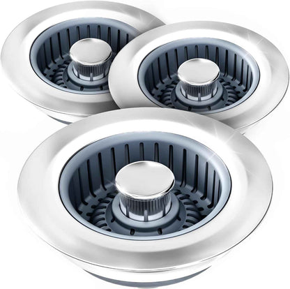 Upgraded 3in1 Kitchen Sink Drain Strainer & Sink Stopper, Stainless Steel Kitchen Drain Plug & Sink Installation Parts with Anti-Clogging Basket, Fit US Standard 3-1/2'' Sink Drain Hole, Silver