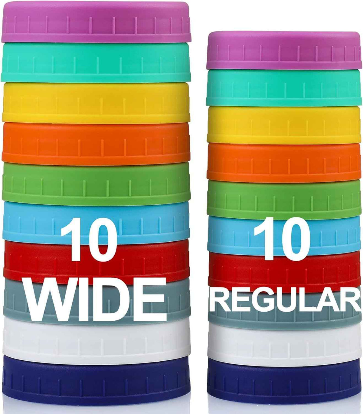 AOZITA 10 pack wide mouth and regular mouth food grade plastic mason jar lids - leakproof and dishwasher safe multicolor