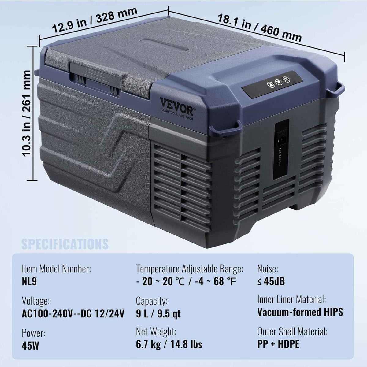 VEVOR Car Refrigerator, 12 Volt Car Refrigerator Fridge, 9 L Single Zone Portable Freezer, -4℉-68℉ Adjustable Range, 12/24V DC and 100-240V AC Compressor Cooler for Outdoor, Camping, RV