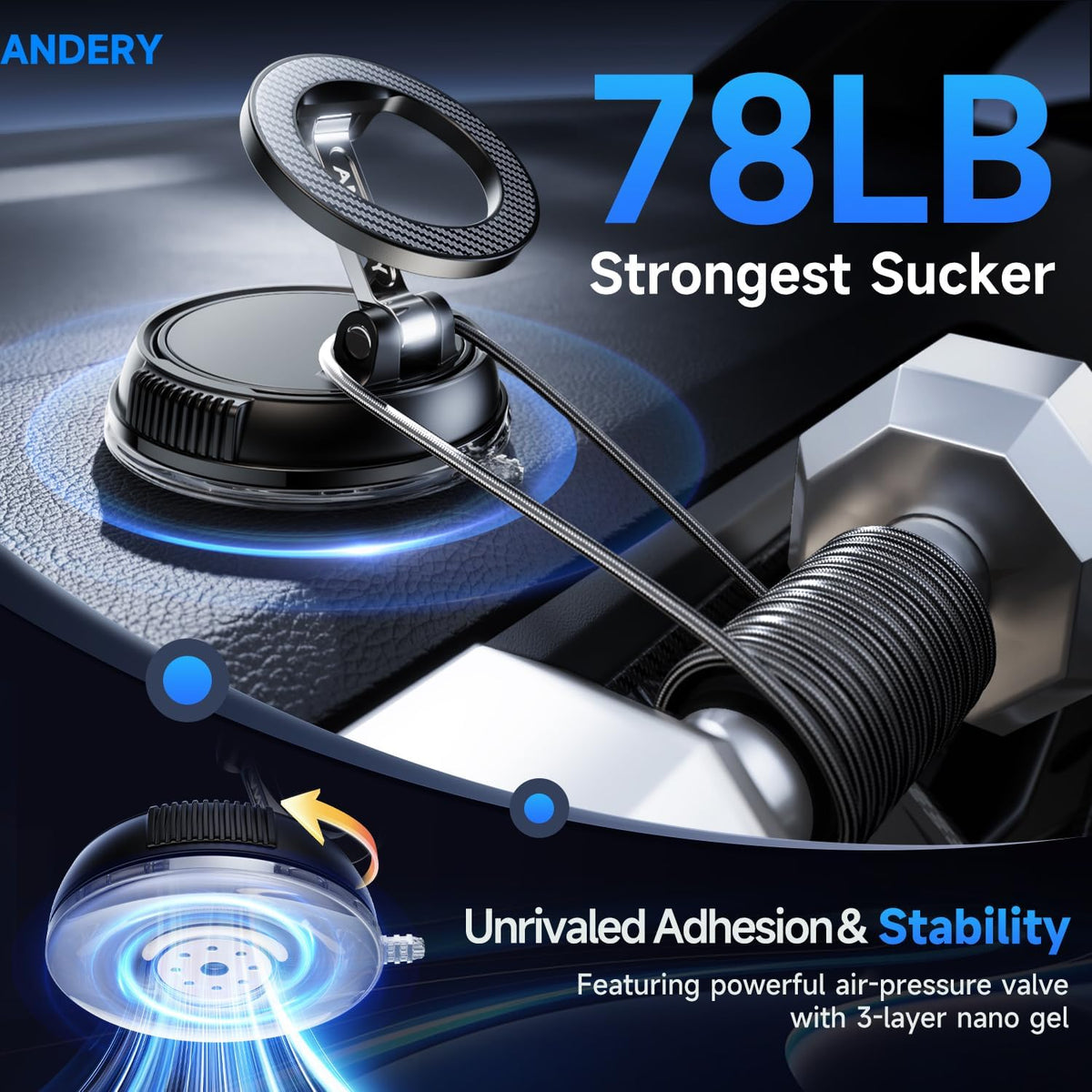 ANDERY Car Phone Holder for Magsafe [78+LBS Strongest Suction & 2400gf Magnetic] 360° Adjustable Car Phone Mount, Phone Holders for Your Car for iPhone 17-12 Pro Max Plus Air, Carbon Fiber
