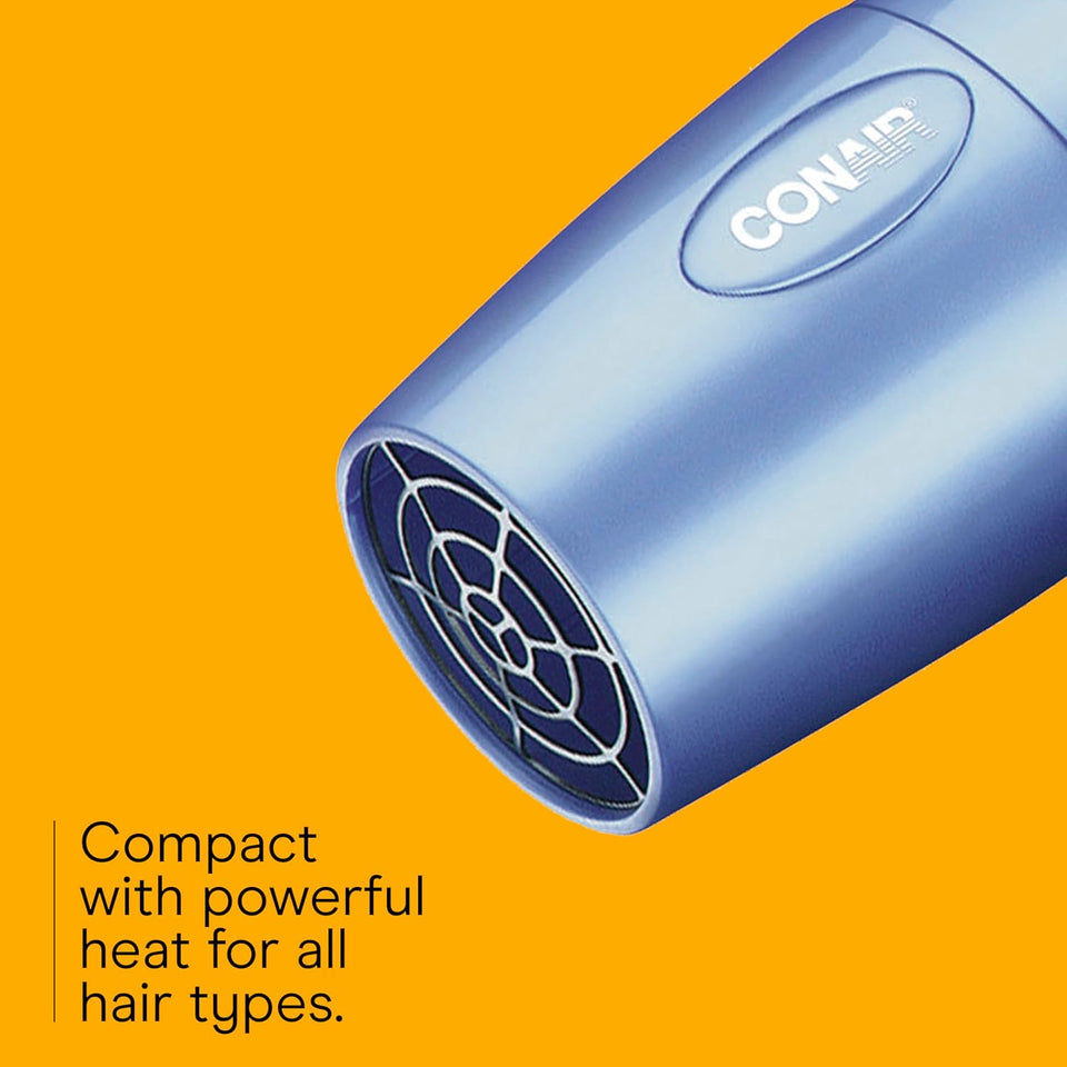 Conair Travel Hair Dryer with Dual Voltage, 1600W Compact Blow Dryer with Folding Handle, Blue