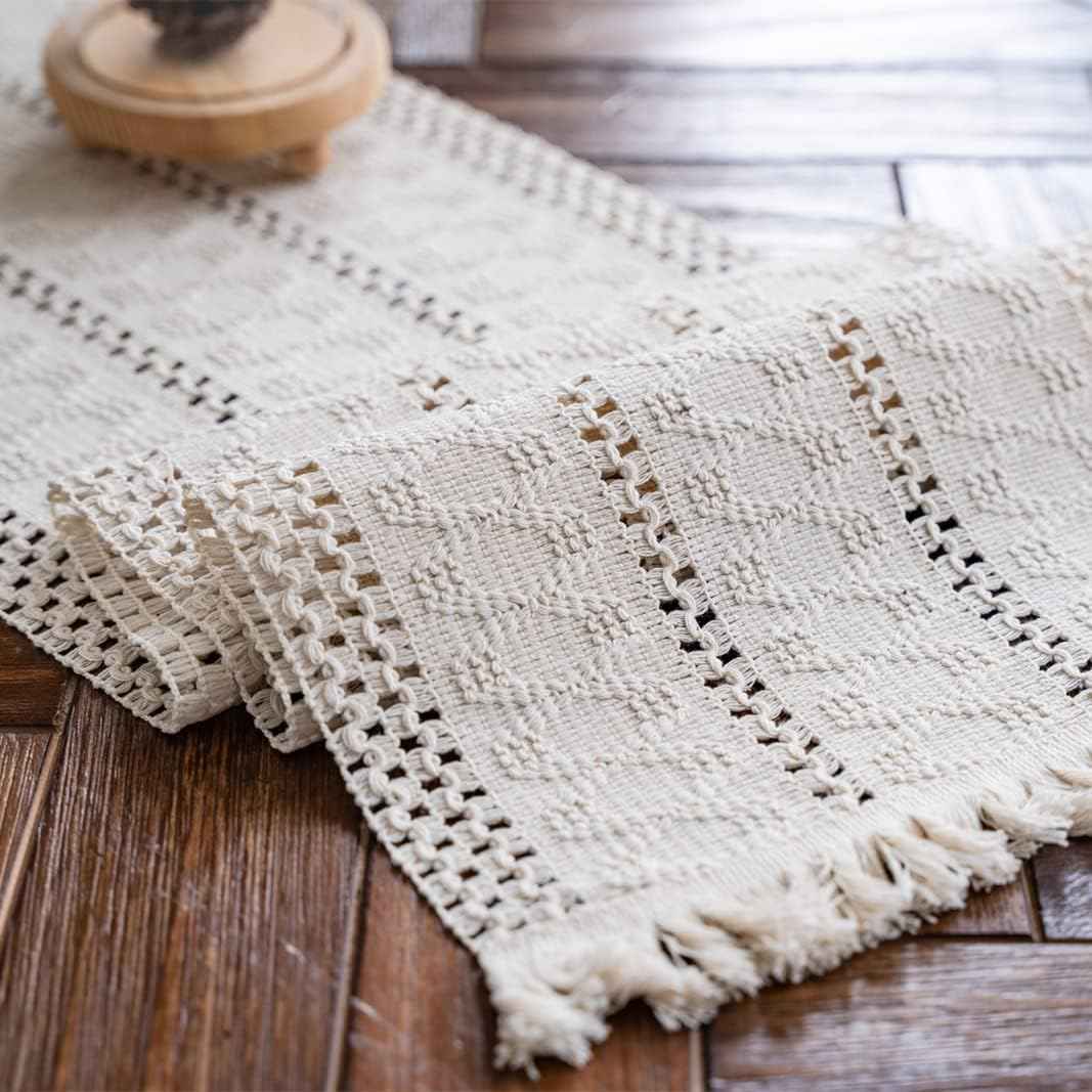Alynsehom Macrame Hand Woven Cream Beige Boho Table Runner with Tassels 12x71in Cotton Rustic Farmhouse Kitchen Dining