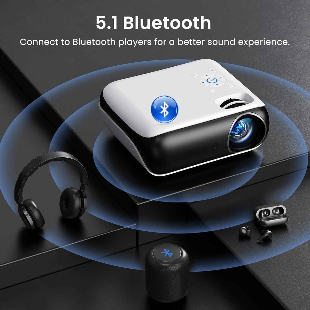 HAPPRUN Native 1080P Bluetooth Mini Projector, Full HD Portable Outdoor Movie Projector with Built-in Speaker, Compatible with Smartphone, HDMI, USB, AV, Fire Stick, PS5 for Home, Bedroom, Outdoor Use