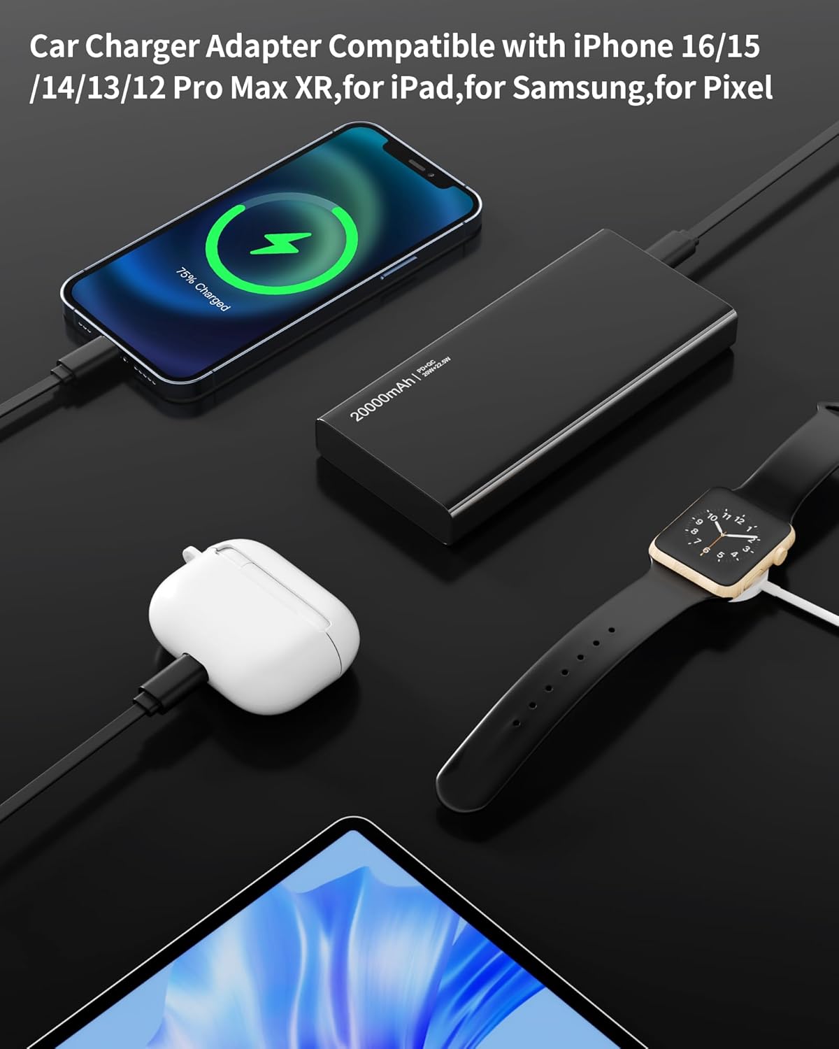 Retractable Car Charger, 4 in 1 Fast Charging Car Charger USB-C & USB-A Compatible with iPhone 17/16/15/14/13/12/11,Galaxy,Pixel