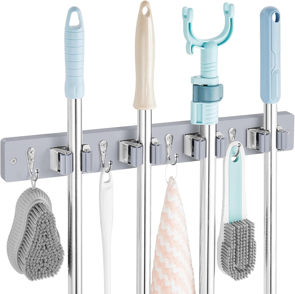 Mop and Broom Holder Wall Mount - Rustic Wood Broom Mop Hanger - Wall Mounted Garden Tool Rack Organizer for Closet Garage Laundry Room Kitchen Decor With 4 Slots & 4 Hooks - PureLivingMart