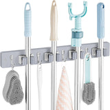 Mop and Broom Holder Wall Mount - Rustic Wood Broom Mop Hanger - Wall Mounted Garden Tool Rack Organizer for Closet Garage Laundry Room Kitchen Decor With 4 Slots & 4 Hooks - PureLivingMart
