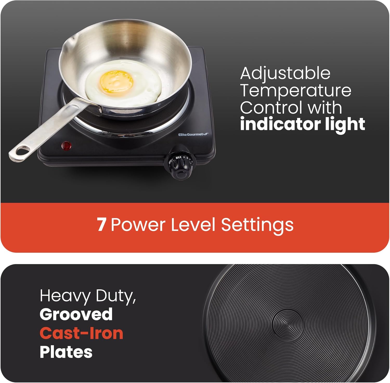 Elite Gourmet Countertop Electric Burner, 1000W Cast Iron Hot Plate, 7 Heat Settings, Portable Cooktop for RV, Dorm, Office & Small Kitchens, Road-Ready & Compact