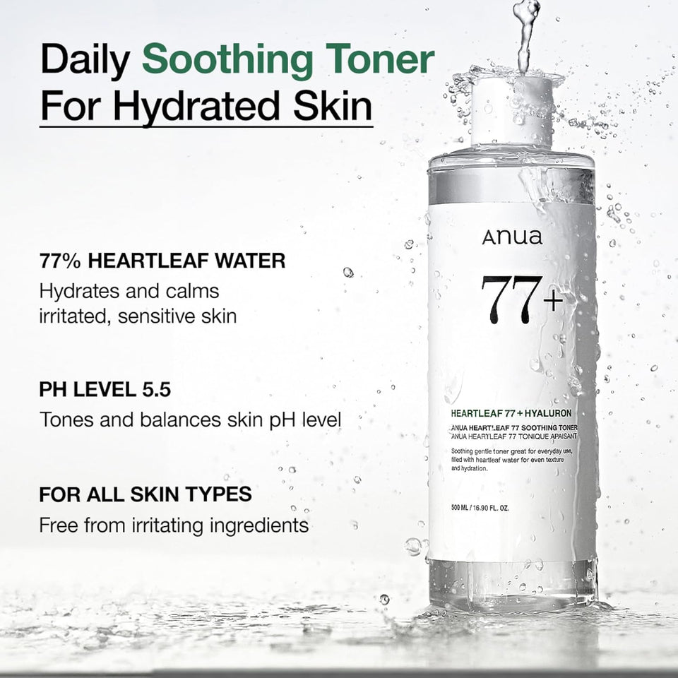 Anua Heartleaf 77 Soothing Toner, Moisturizing & Calming Facial Toner for Glass Skin, Hyaluronic Acid, Lightweight Hydration for Sensitive Skin, Redness Relief, Korean Skincare, 8.45 fl.oz