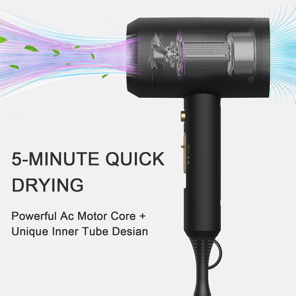 slopehill Professional Ionic Hair Dryer, Powerful 1800W Fast Drying Low Noise Blow Dryer with 2 Concentrator Nozzle 1 Diffuser Attachments for Home Salon Travel (Black)