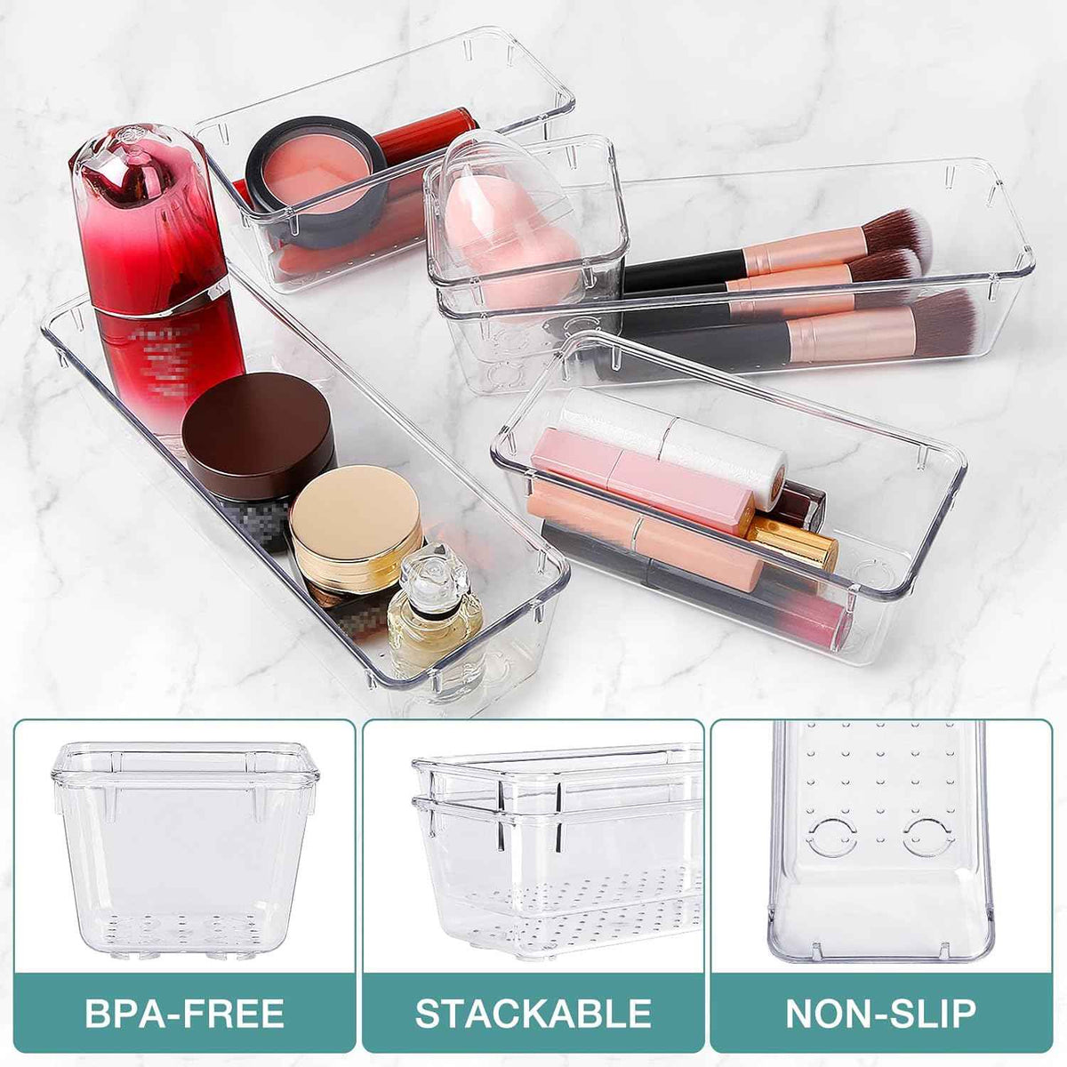 16-Piece Drawer Organizer Set - Clear Storage Bins for Makeup, Jewelry, Utensils and Gadgets