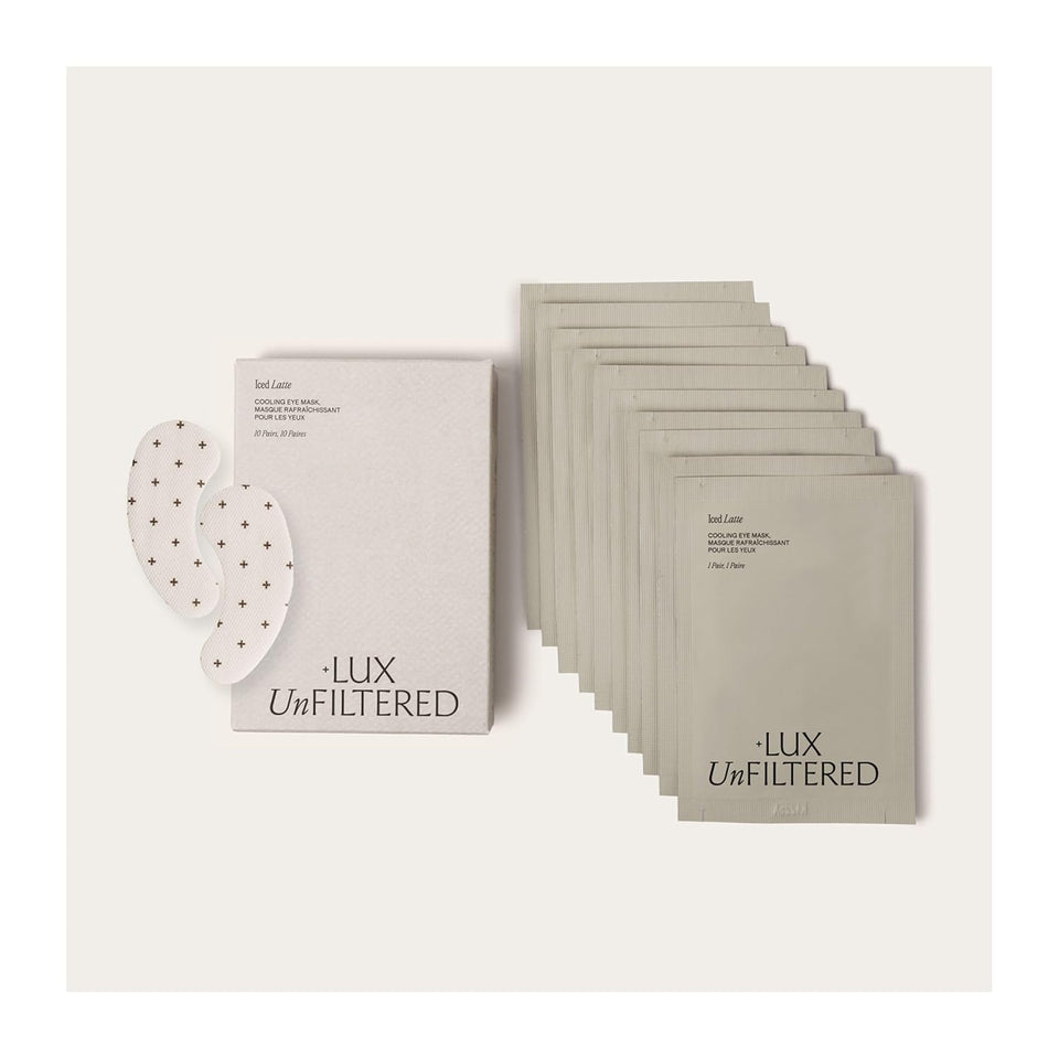 + Lux Unfiltered Iced Latte Cooling Under Eye Patches - Anti-Slip Caffeine Infused Korean Eye Mask - Reduces Puffiness, Brightens & Hydrates - Niacinamide & Hyaluronic Acid - Vegan - 10 Pairs