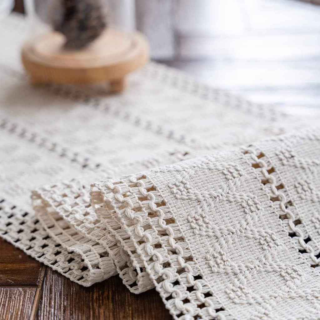 Alynsehom Macrame Hand Woven Cream Beige Boho Table Runner with Tassels 12x71in Cotton Rustic Farmhouse Kitchen Dining