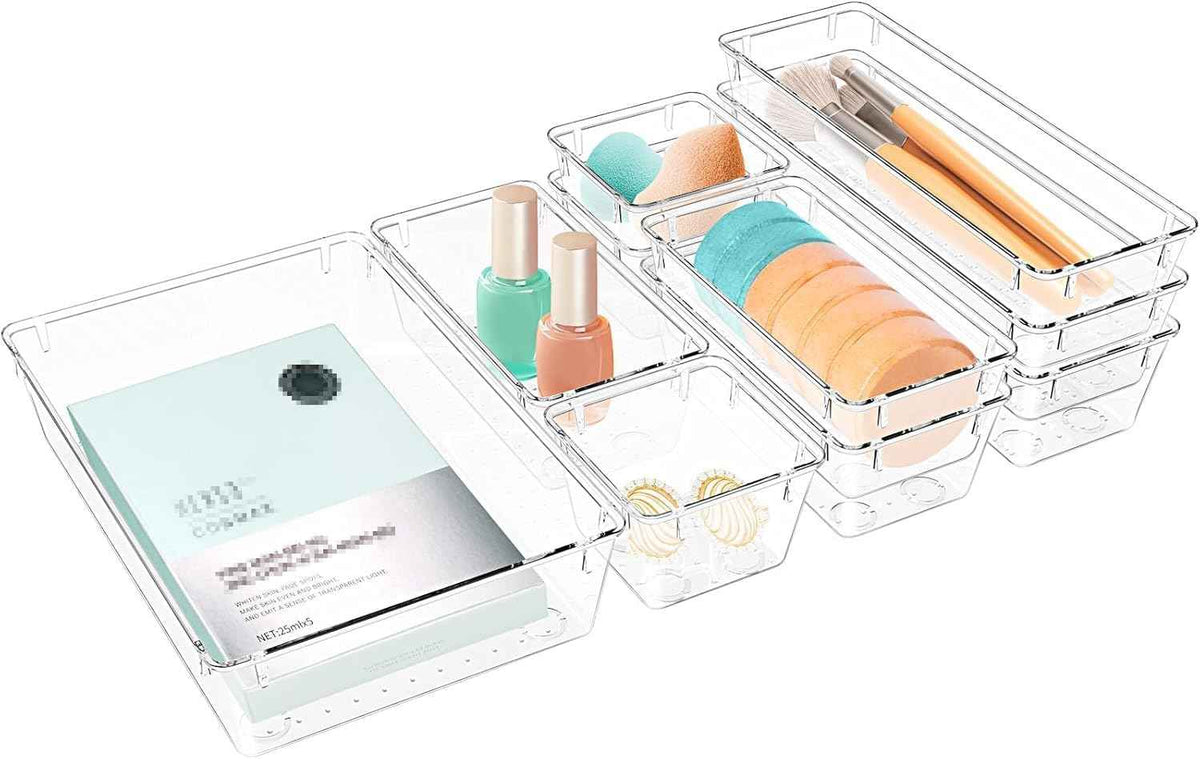 16 PCS Drawer Organizer Set, 5 Varied Size Bathroom and kitchen Drawer cabinet organizer Trays, Clear Storage Bins for Makeup, Jewelry, Utensils and Gadgets