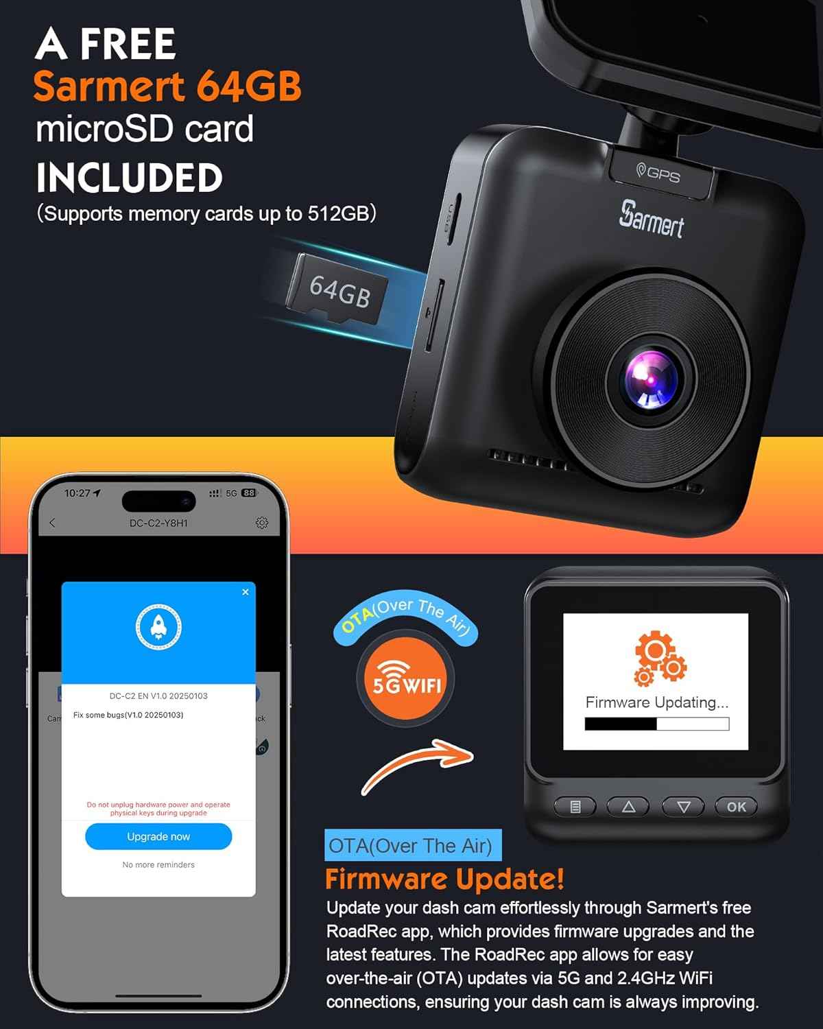 Sarmert C2 4K Dual Dash Cam Front and Rear - Built-in GPS and 5G WiFi, Free 64GB Card Included, 4K UHD Dash Camera for Cars, Night Vision, WDR, Loop Recording, App Control, 24H Parking Mode