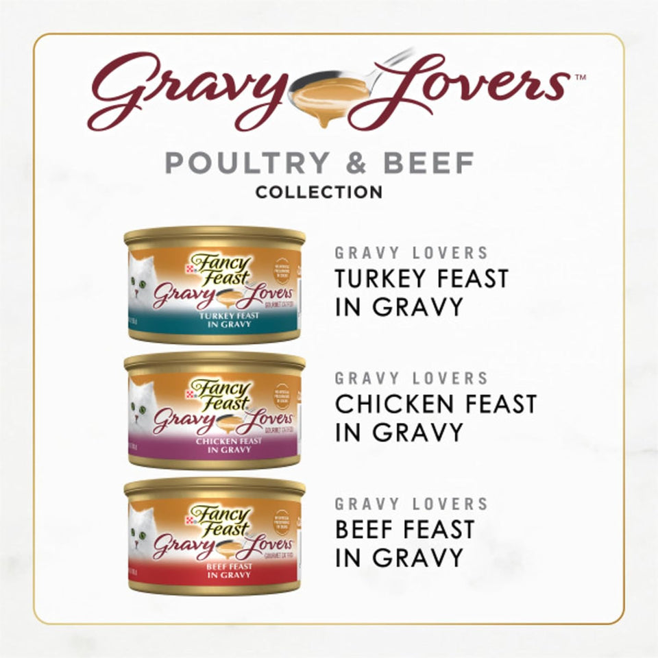 PLrina Fancy Feast Gravy Lovers Poultry and Beef Grilled Gourmet Wet Cat Food Variety Pack - (Pack of 24) 3 oz. Cans