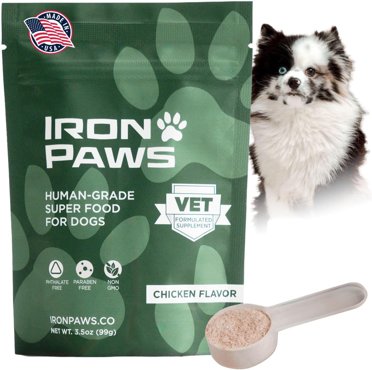 Iron Paws human-grade superfood powder for dogs dental health longevity hip joint gut allergies immune support skin coat 3.5 oz