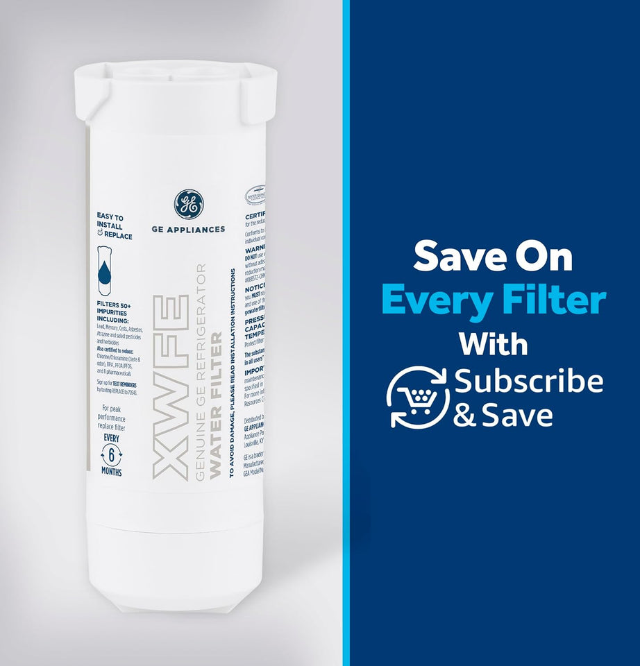 GE XWFE Refrigerator Water Filter, Genuine Replacement Filter, Certified to Reduce Lead, Sulfur, and 50+ Other ImPLrities, Replace Every 6 Months for Best Results, Pack of 1