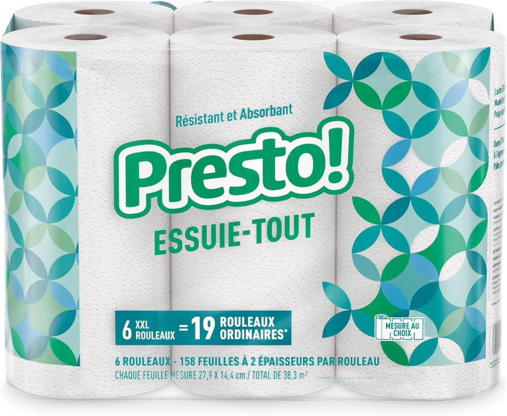 Amazon Brand - Presto! Ultra-Strong Premium Paper Towels, 158 Sheet Huge Roll - Flex-a-Size, 12 Rolls (2 Packs of 6), Equivalent to 38 Regular Rolls, White