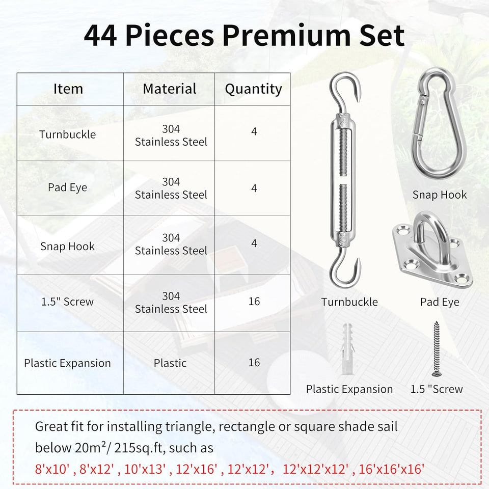 Sun Shade Sail Hardware Kit 6 Inch for Rectangle & Triangle Shade Sail Install, Stainless Steel Shade Sail Fixing Accessories for Outdoor Patio Canopy Garden, Heavy Duty Awning Attachment Set (44 Pcs)