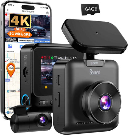 Sarmert C2 4K Dual Dash Cam Front and Rear - Built-in GPS and 5G WiFi, Free 64GB Card Included, 4K UHD Dash Camera for Cars, Night Vision, WDR, Loop Recording, App Control, 24H Parking Mode