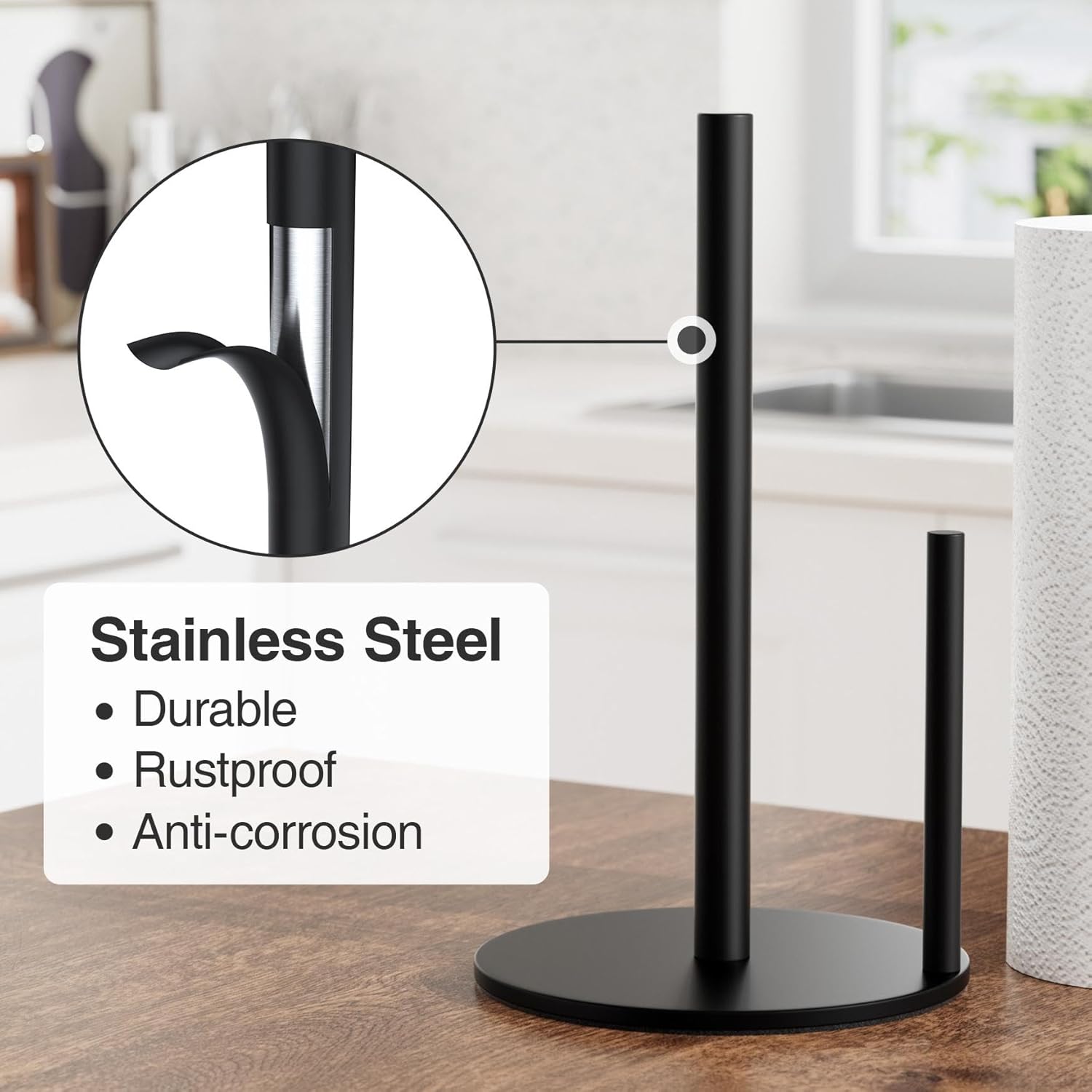 Paper Towel Holder Black, Premium Stainless Steel Kitchen Roll Dispenser, Countertop Roll Organizer with Weighted Base