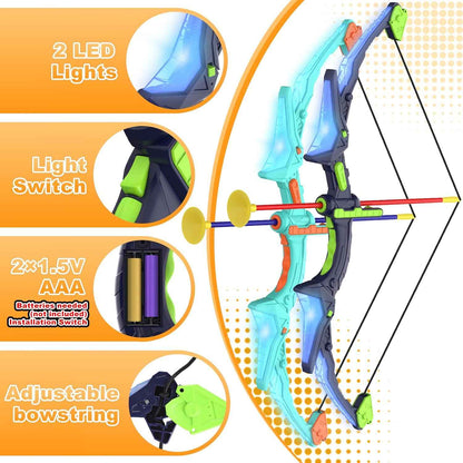Kmuxilal kids LED bow and arrow set, 2 pack, 14 suction cup arrows, fluorescence target, ideal for indoor and outdoor play, 4-12 year old boys