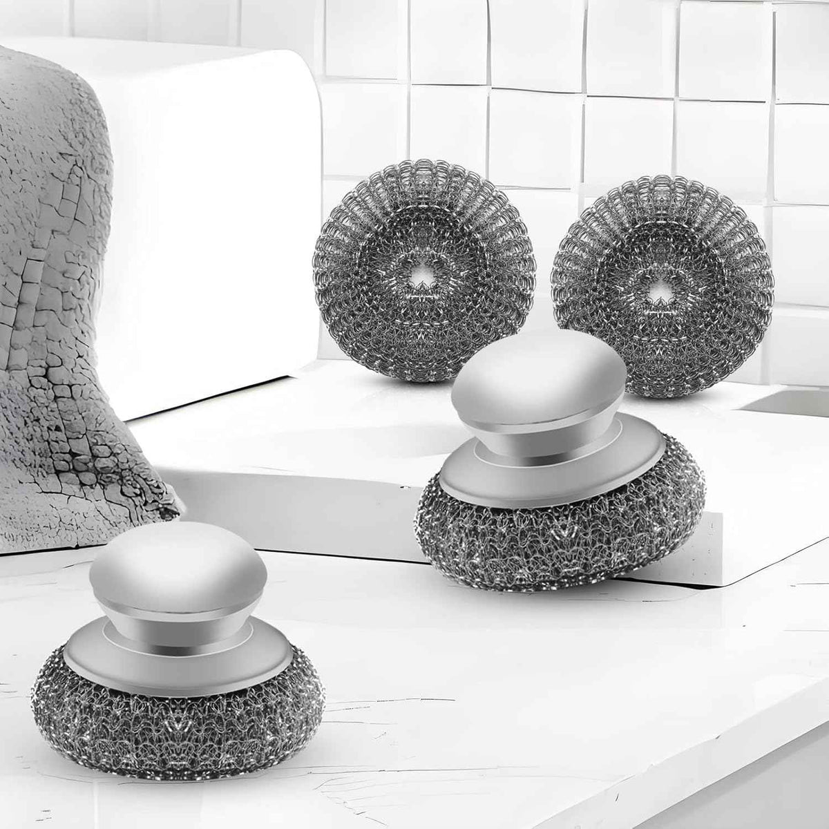 Stainless Steel Wool Scrubber with 2 Replacement Pads - Clean Metal Pans, Pots, Grills & More