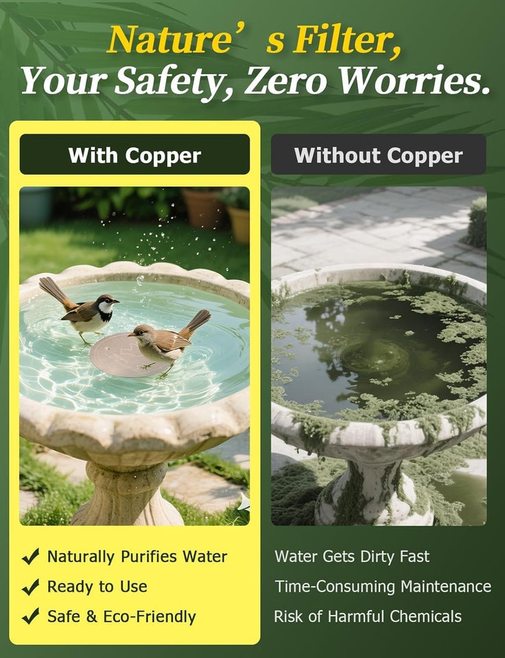 Mellbree Bird Bath Copper Disk, 0.6mm Reinforced 99.99% PLre Copper Cleaning Disk for Physical Safe Clean Water All-Season, Universal Fit for Outdoor Birdbaths, Bowl, Bird Bath Solar