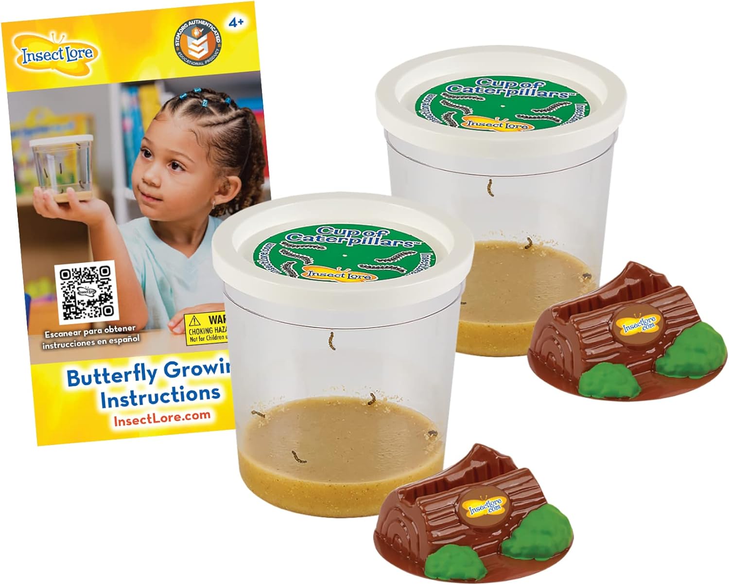 Insect Lore Two Cups of Caterpillars - Butterfly Garden Kit Refill – Raise and Release Painted Lady Butterflies – Includes Two Chrys-A-Lid Holding Logs and Instructions