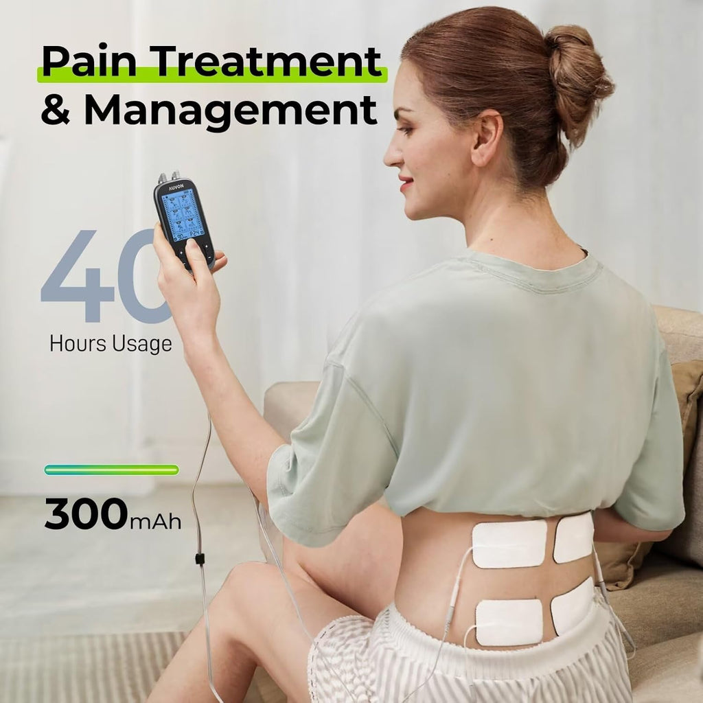 AUVON 3-in-1 TENS Unit Muscle Stimulator, EMS Massage Machine with 40 Intensities for Gradual Shoulder, Sciatica, Back Pain Relief, 24 Modes Rechargeable Electronic Pulse Massager with 12 TENS Pads