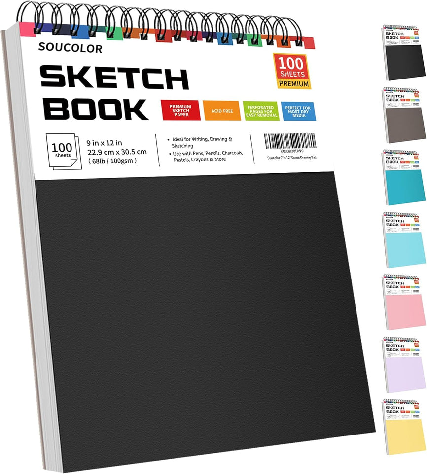 Soucolor 9" x 12" Sketch Book, 100 Sheets Top Spiral Bound Sketchbook with Acid-Free 68lb/100gsm Thick Drawing Paper, Art Sketch Pad for Kids, Adults & Artist, Professional Art Supplies for Beginners