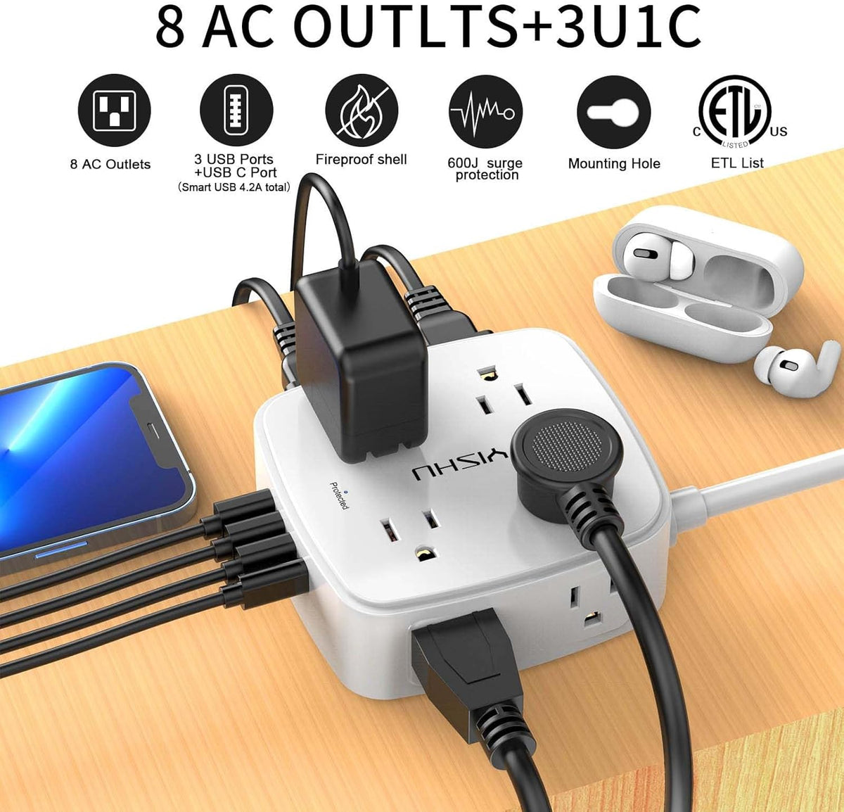 6 Ft Surge Protector Power Strip - 8 Widely Outlets with 4 USB Ports, 3 Side Outlet Extender with 6 Feet Extension Cord, Flat Plug, Wall Mount, Desk USB Charging Station, ETL,White