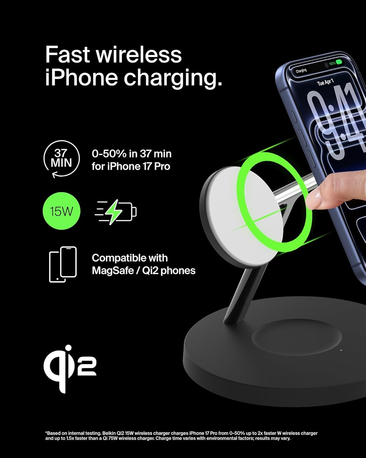 Belkin MagSafe-Compatible iPhone Charger, 3-in-1 Wireless Charging Station, Qi2-Certified 15W Wireless Charge for Apple iPhone 17 Series, Apple Watch, AirPods w/Non-Slip Base, 40W Included - Black