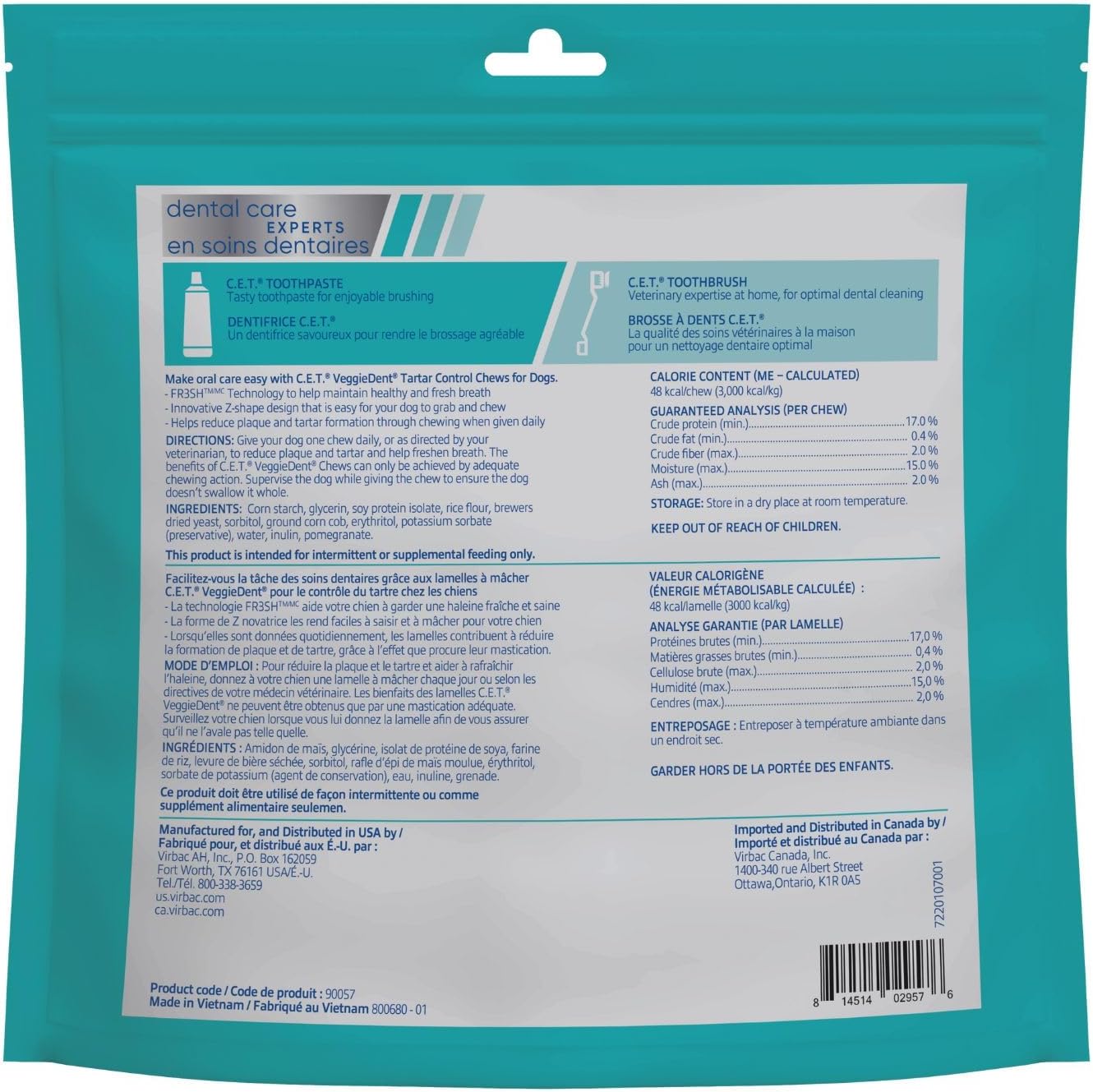 Virbac C.E.T. VEGGIEDENT FR3SH Tartar Control Chews for Medium Dogs, Beef, 1.6 Pounds