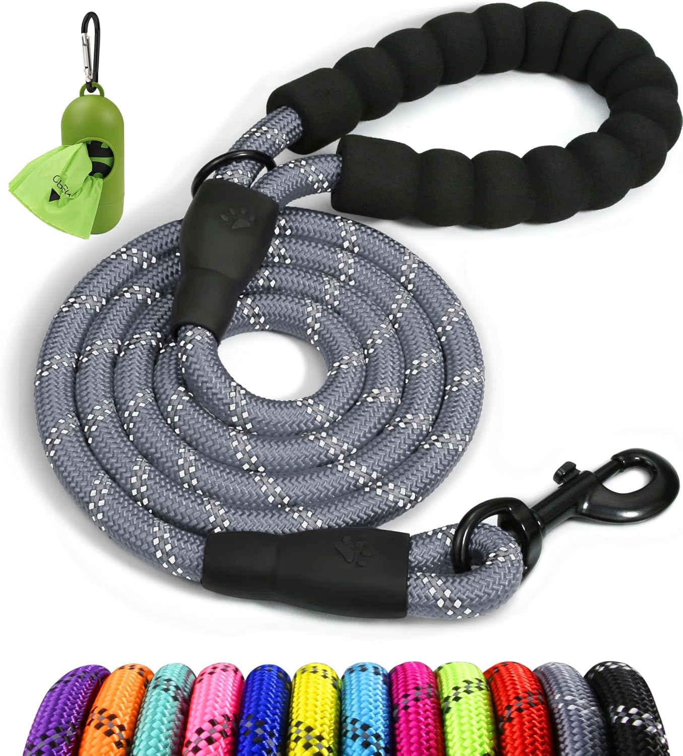 Taglory 6 FT Rope Dog Leash for Medium Large Dogs with Padded Handle, Reflective Threads, 1/2 inch, Black