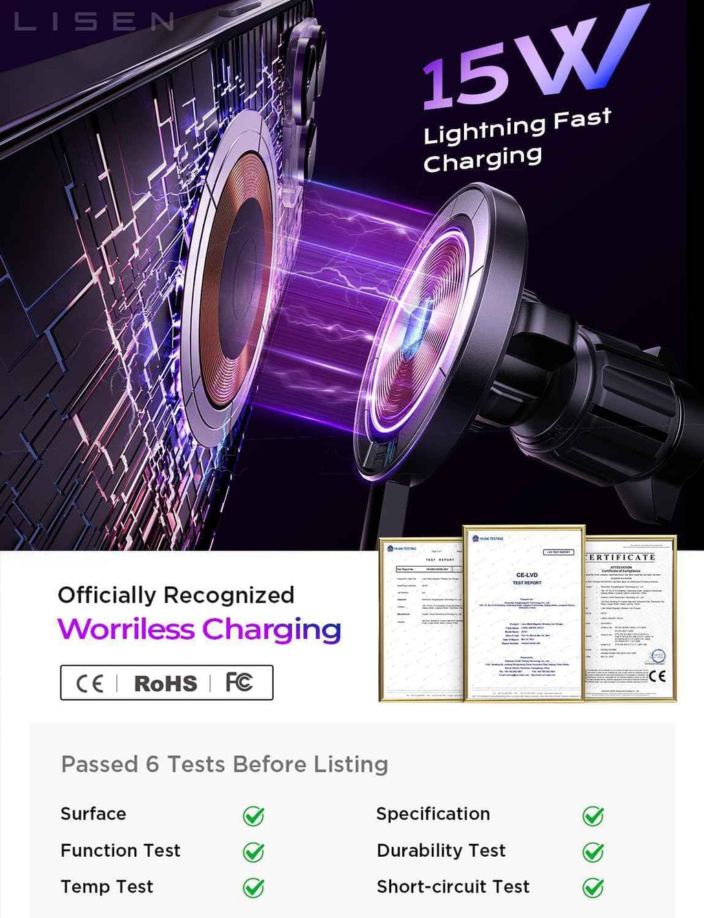 15w magsafe car mount charger for iphone 17-12, samsung, pixel - magnetic wireless cars charger