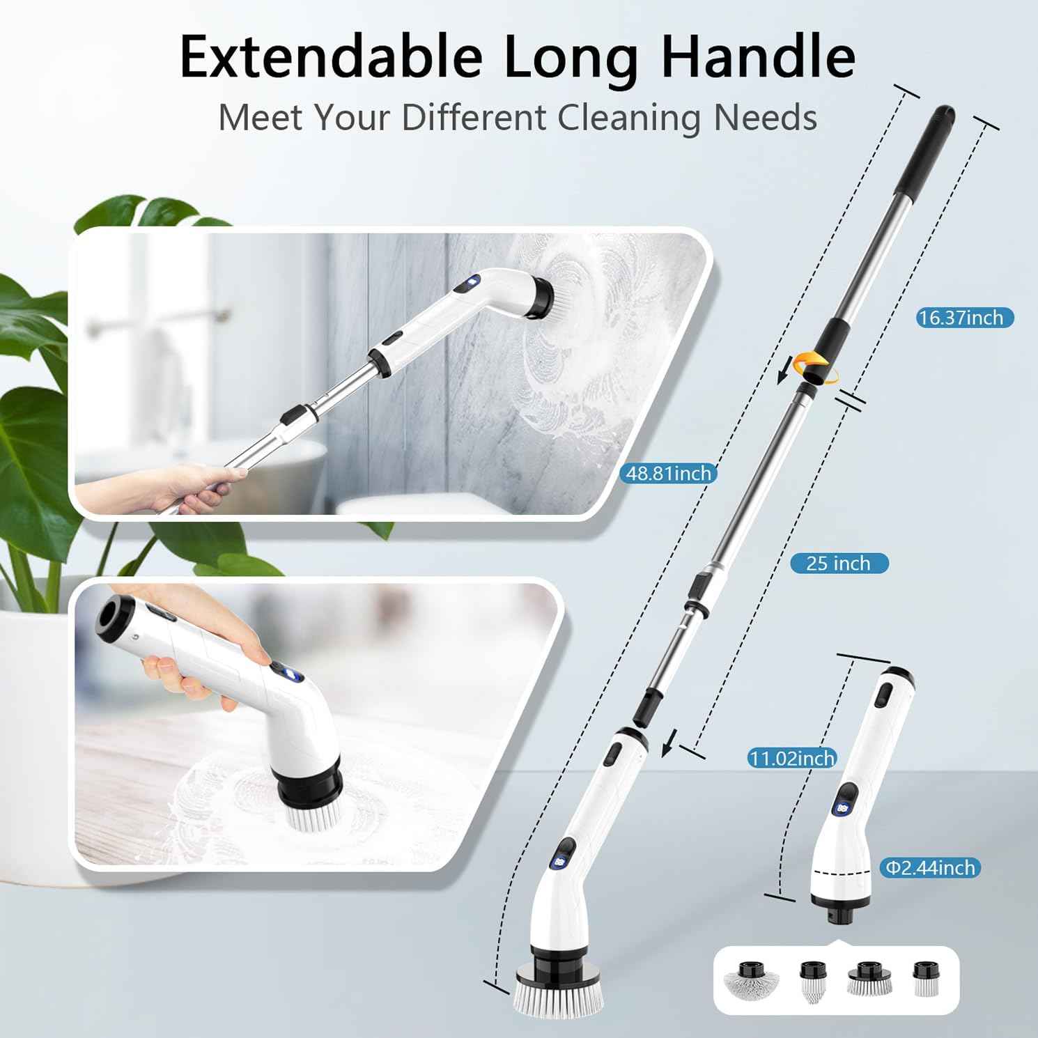 TUYU Electric Spin Scrubber, Full-Body IPX7 Waterproof Bathroom Scrubber with Power LCD Display, Adjustable Extension Handle, Cordless Shower Cleaner Brush for Bathtub Kitchen Wall Cleaning