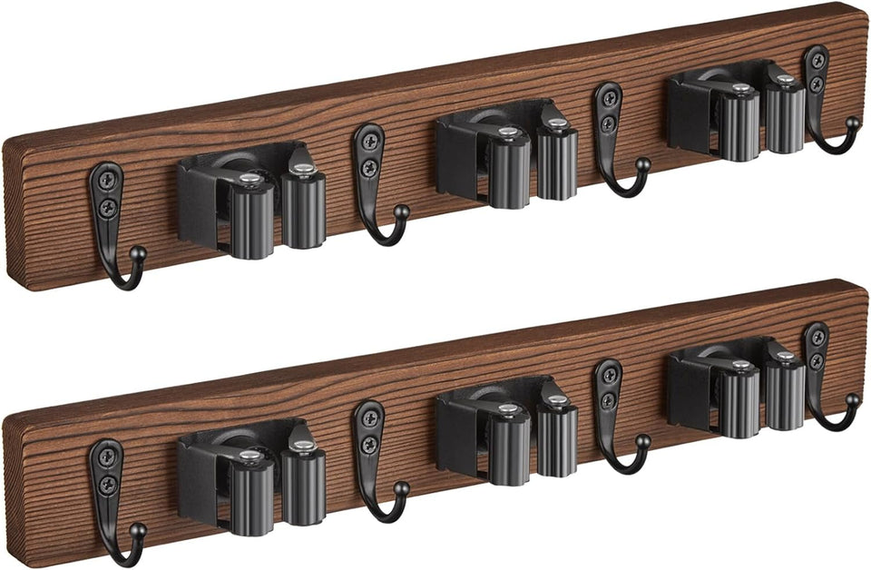 Mop and Broom Holder Wall Mount - Rustic Wood Broom Mop Hanger - Wall Mounted Garden Tool Rack Organizer for Closet Garage Laundry Room Kitchen Decor With 4 Slots & 4 Hooks - PureLivingMart