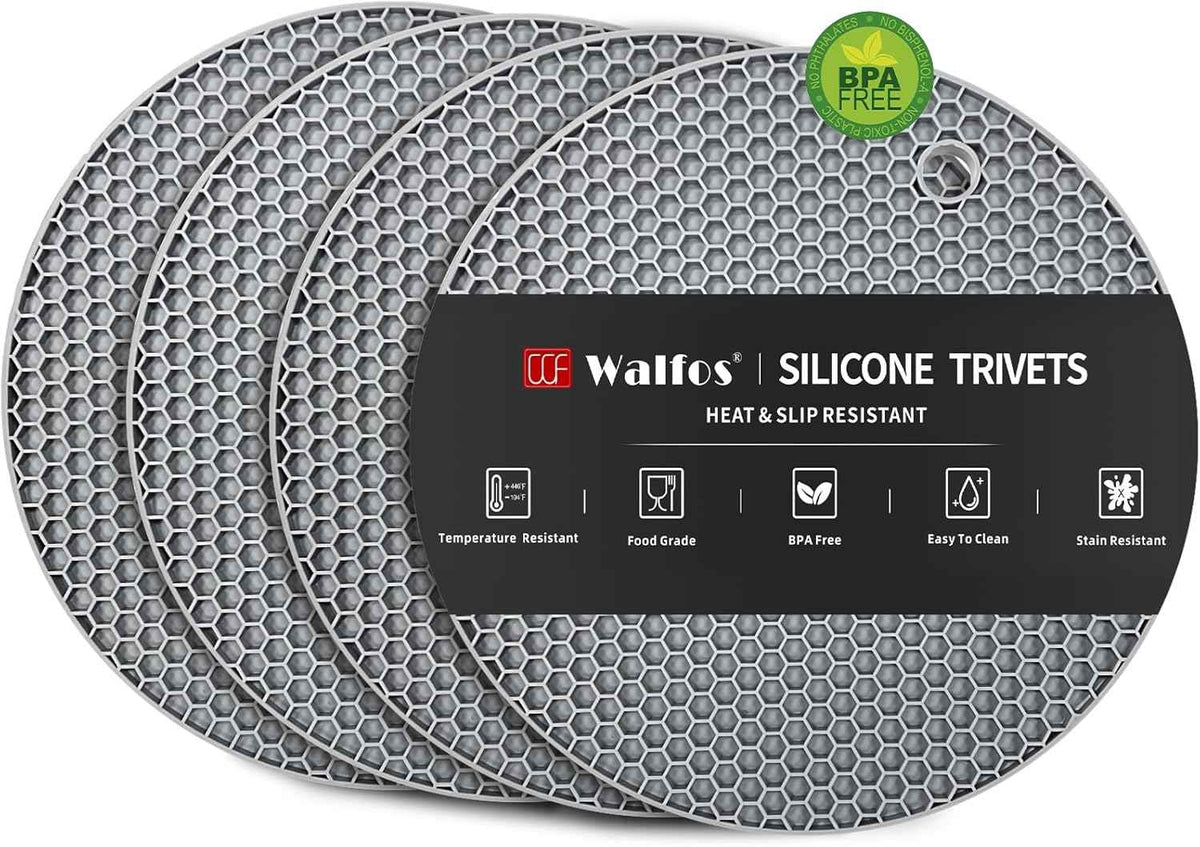 Walfos Silicone Trivet Mats - 4 Heat Resistant Pot Holders, Multipurpose Non-Slip Hot Pads for Kitchen Potholders, Hot Dishers, Jar Opener, Spoon Holder, Food Grade Silicone & BPA Free (Black)