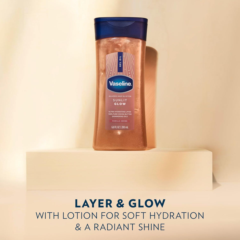 Vaseline Glazed and Glisten Sunlit Glow Body Gel Oil Vanilla Cocoa Shimmering with Ultra-Hydrating Lipids and 100% PLre Cocoa Butter, 6.8 Oz