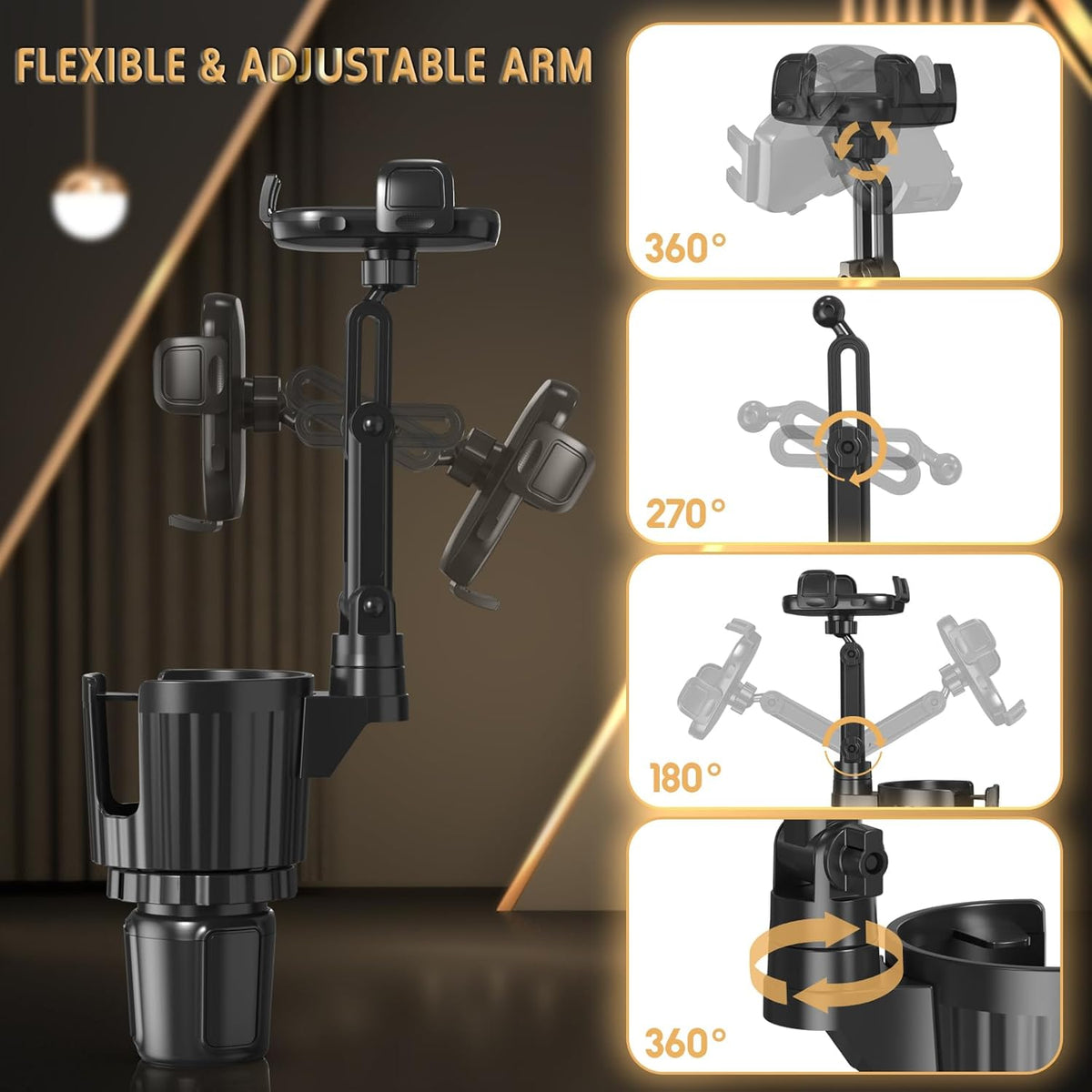 2-in-1 universal car cup holder phone mount with 360° rotation adjustable grip fits most vehicles
