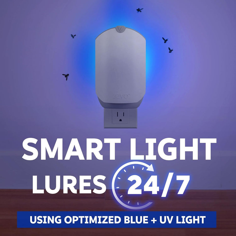 Zevo Flying Insect Trap & 3 Refill Cartridges - Plug in Fly Trap & Indoor Bug Catcher for Gnats, House & Fruit Flies - Blue & UV Light Technology, Mess-Free Alternative to Bug Zapper