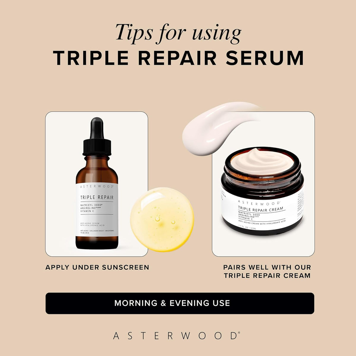 Asterwood Triple Repair Serum with Matrixyl 3000, Argireline, Hyaluronic Acid, and Vitamin C for anti-aging and collagen boosting - fragrance-free - 1 fl oz